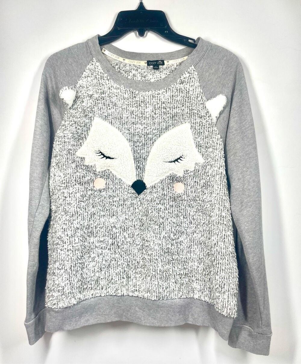 Cozy Zoe Sweater Grey Long Sleeve Shirt White Fox Face Embroidery 3D Women S